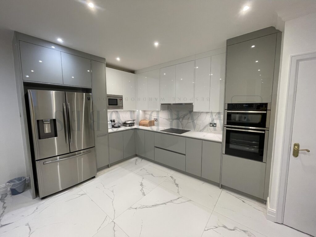 Modern high gloss kitchen with grey and white cabinetry and stainless steel appliances.
